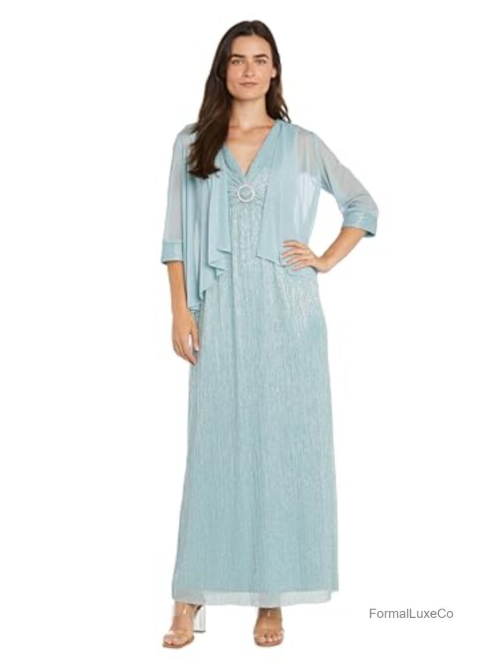 Elegant Evening V-Neck Gown with Sheer Cover Up Two-Piece Formal Women's Dress